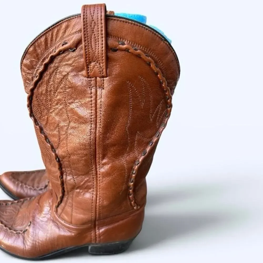 Vintage Western Cowboy Boots Men’s Size 12D Brown Leather Snip Toe Whip Stitched
